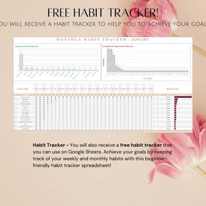 May include: A free printable habit tracker spreadsheet for January. The spreadsheet includes a monthly habit tracker, a weekly habit tracker, and a results section. The spreadsheet is designed to help you achieve your goals by keeping track of your weekly and monthly habits.