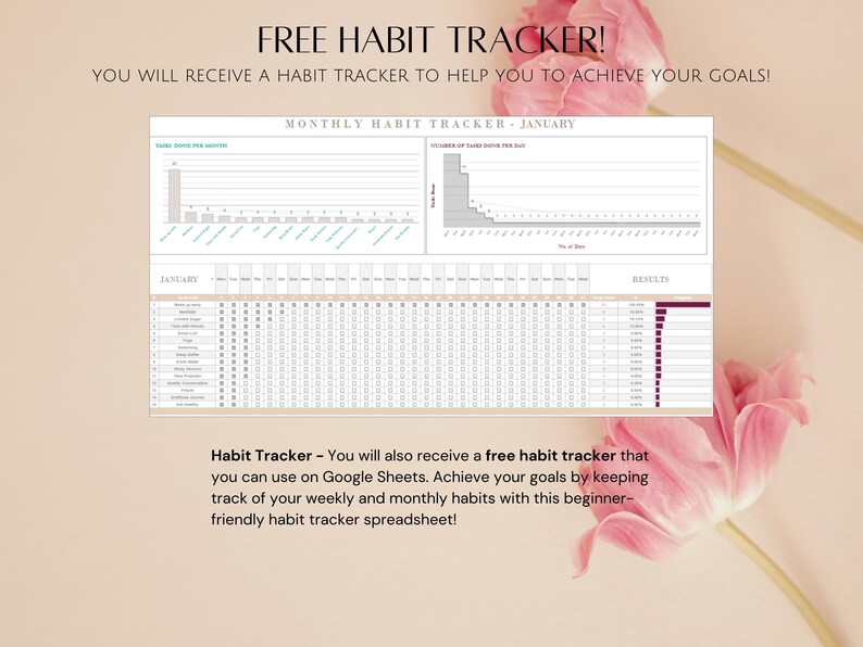 May include: A free printable habit tracker spreadsheet for January. The spreadsheet includes a monthly habit tracker, a weekly habit tracker, and a results section. The spreadsheet is designed to help you achieve your goals by keeping track of your weekly and monthly habits.