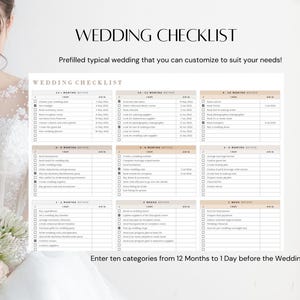 Puede incluir: Una lista de verificaci&oacute;n de boda imprimible con fondo beige y texto negro. La lista est&aacute; dividida en diez secciones, cada una con un plazo diferente antes de la boda, desde 12 meses hasta 1 d&iacute;a antes. Cada secci&oacute;n tiene una lista de tareas para completar, con casillas de verificaci&oacute;n junto a cada elemento.