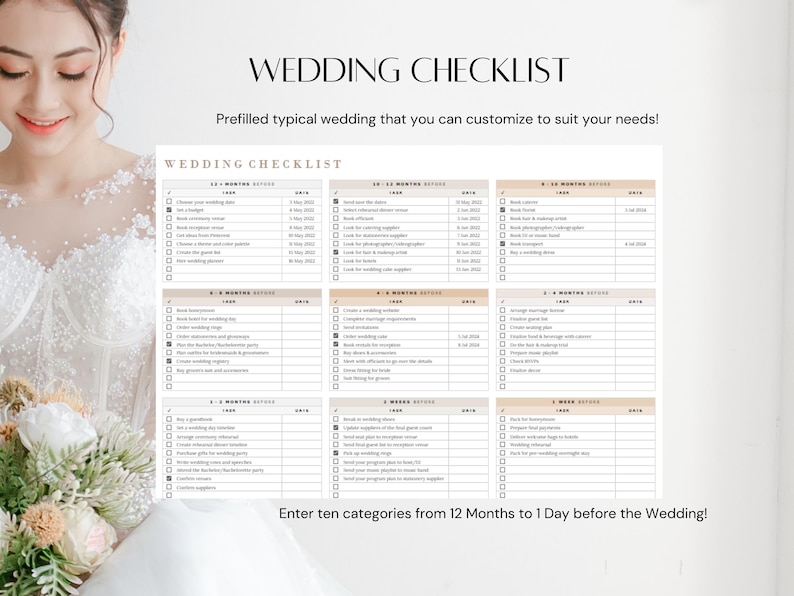 Puede incluir: Una lista de verificaci&oacute;n de boda imprimible con fondo beige y texto negro. La lista est&aacute; dividida en diez secciones, cada una con un plazo diferente antes de la boda, desde 12 meses hasta 1 d&iacute;a antes. Cada secci&oacute;n tiene una lista de tareas para completar, con casillas de verificaci&oacute;n junto a cada elemento.