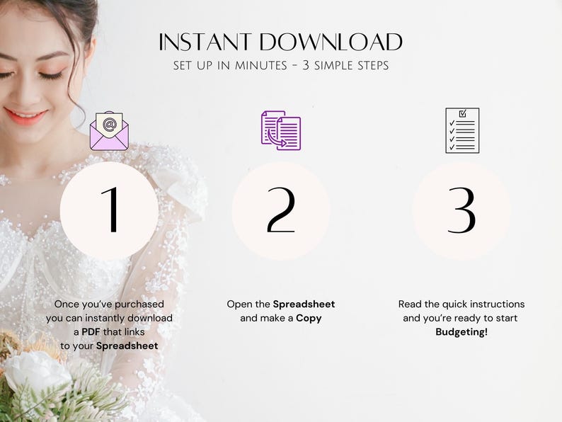 Puede incluir: Una gu&iacute;a de tres pasos para configurar un presupuesto de boda. Los pasos son: 1. Descarga un PDF, 2. Abre la hoja de c&aacute;lculo y haz una copia, y 3. Lee las instrucciones r&aacute;pidas y comienza a presupuestar.