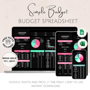 以下が含まれることがあります： 予算スプレッドシートテンプレートを表示するコンピューター画面のデジタル画像。スプレッドシートのタイトルは「Simple Budget」で、1月はタブがあります。画像には、無料ギフトのアイコンと、「Mega Sale 75% Off!」と書かれたセールバナーも含まれています。画像の下部にあるテキストは、「Google Sheets and Excel | 1 Tab Only | Easy to Use | Instant Download」です。
