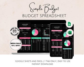 May include: A digital image of a computer screen displaying a budget spreadsheet template. The spreadsheet is titled "Simple Budget" and includes a tab for January. The image also includes a free gift icon and a sale banner that says "Mega Sale 75% Off!" The text at the bottom of the image says "Google Sheets and Excel | 1 Tab Only | Easy to Use | Instant Download".