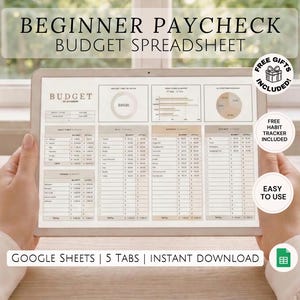 Puede incluir: Una tableta que muestra una hoja de cálculo de presupuesto para principiantes. La pantalla muestra un diseño financiero detallado con gráficos y tablas. El texto en la pantalla incluye "Budget" y "Google Sheets". Texto adicional incluye "Regalos gratis incluidos".