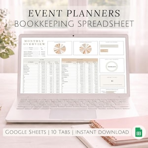 May include: A laptop displaying an event planner's bookkeeping spreadsheet. The screen shows a monthly overview with charts and data tables. The text "EVENT PLANNERS BOOKKEEPING SPREADSHEET" is at the top. A pink notebook and pen are in the foreground.