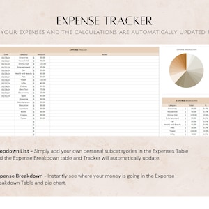 Op de afbeelding: Een printbare uitgaven-tracker met een tabel en een cirkeldiagram om u te helpen uw uitgaven bij te houden. De tabel heeft kolommen voor datum, categorie, bedrag en notities. Het cirkeldiagram toont de verdeling van de uitgaven per categorie.