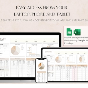 Op de afbeelding: Een screenshot met een budgetspreadsheet op een laptop, telefoon en tablet. De spreadsheet heeft de titel "Januari" en bevat secties voor cashflow, rekeningen en besparingen. De tekst "Update en synchroniseer tussen uw apparaten met behulp van Google Sheets of de Excel-app" wordt weergegeven in een groene box.