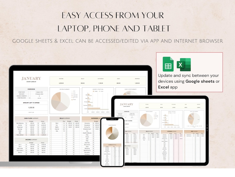 Op de afbeelding: Een screenshot met een budgetspreadsheet op een laptop, telefoon en tablet. De spreadsheet heeft de titel "Januari" en bevat secties voor cashflow, rekeningen en besparingen. De tekst "Update en synchroniseer tussen uw apparaten met behulp van Google Sheets of de Excel-app" wordt weergegeven in een groene box.