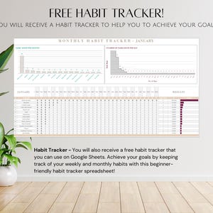 May include: A free printable habit tracker spreadsheet for January. The spreadsheet includes a monthly habit tracker, a daily habit tracker, and a results section. The spreadsheet is designed to help you achieve your goals by keeping track of your weekly and monthly habits.