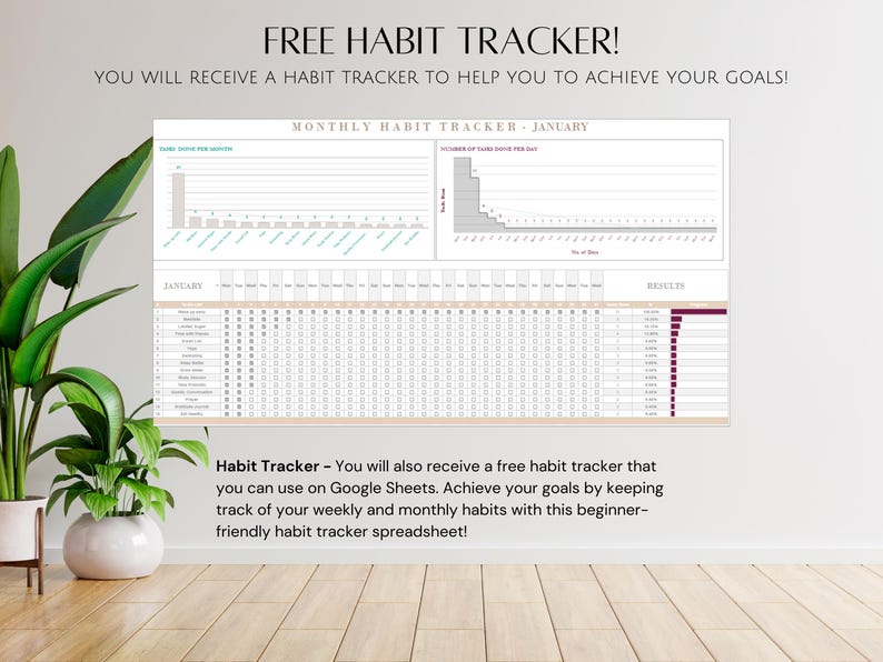 May include: A free printable habit tracker spreadsheet for January. The spreadsheet includes a monthly habit tracker, a daily habit tracker, and a results section. The spreadsheet is designed to help you achieve your goals by keeping track of your weekly and monthly habits.