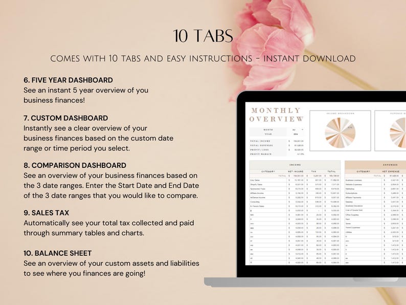 May include: A laptop computer screen displaying a spreadsheet with the title "Monthly Overview". The spreadsheet includes columns for "Category", "Net Income", "Profit", "Total", and "Expenses". The spreadsheet also includes a pie chart showing the breakdown of expenses.
