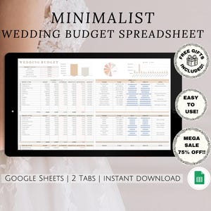 Op de afbeelding: Een digitale huwelijksbudgetspreadsheet op een computerscherm. De spreadsheet heeft de titel "Wedding Budget" en heeft twee tabbladen. De spreadsheet is ontworpen om koppels te helpen hun huwelijksuitgaven bij te houden. De tekst "GOOGLE SHEETS | 2 TABS | INSTANT DOWNLOAD" staat onderaan het scherm.