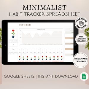 May include: A minimalist habit tracker spreadsheet for October, with a graph and a calendar view. The spreadsheet is designed to help users track their progress towards their goals. It is available for instant download on Google Sheets.