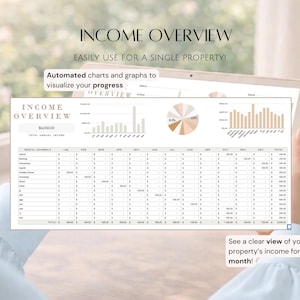 May include: A tablet displaying an "INCOME OVERVIEW" spreadsheet with charts and graphs. The text reads "EASILY USE FOR A SINGLE PROPERTY!" and "Automated charts and graphs to visualize your progress." The bottom text says "See a clear view of your property's income for each month!"