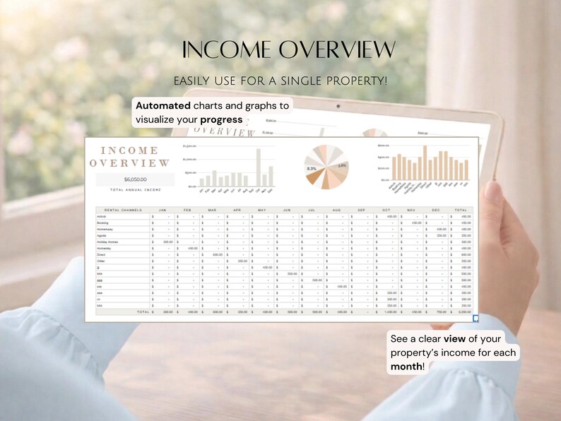 May include: A tablet displaying an "INCOME OVERVIEW" spreadsheet with charts and graphs. The text reads "EASILY USE FOR A SINGLE PROPERTY!" and "Automated charts and graphs to visualize your progress." The bottom text says "See a clear view of your property's income for each month!"