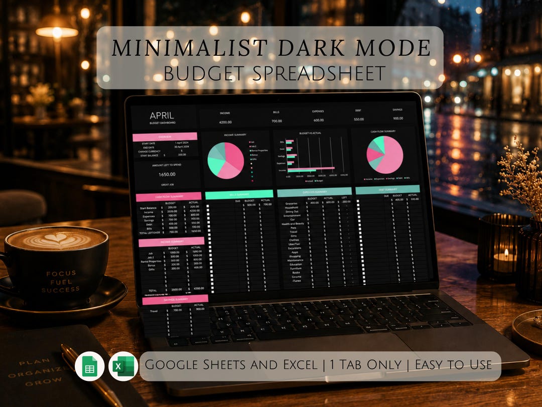 Excel and Google Sheets Dark Mode Budget Spreadsheet for Entrepreneurs ...