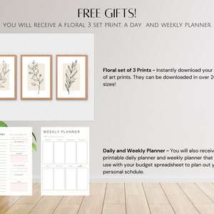 May include: Free printable floral art prints and daily and weekly planner. The floral prints are black and white line drawings of leaves and branches. The planners are white with black text and lines. The text on the image reads "FREE GIFTS! You will receive a floral 3 set print, a day and weekly planner."