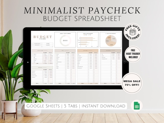 Paycheck Budget Spreadsheet Google Sheets Template for Monthly Weekly Biweekly Semi Monthly Budgeting, Income Expenses Subscription Tracker