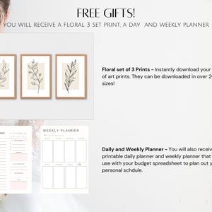 Puede incluir: Un conjunto de tres impresiones florales imprimibles, una agenda diaria y una agenda semanal. Las impresiones florales presentan dibujos simples de hojas y ramas sobre un fondo beige. Las agendas son en blanco y negro con un dise&ntilde;o sencillo.
