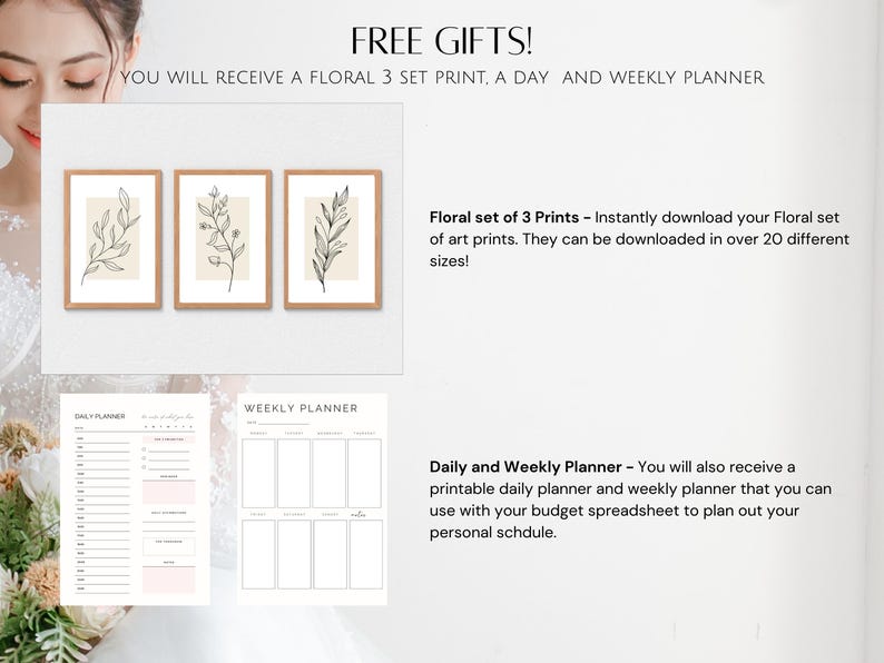 Puede incluir: Un conjunto de tres impresiones florales imprimibles, una agenda diaria y una agenda semanal. Las impresiones florales presentan dibujos simples de hojas y ramas sobre un fondo beige. Las agendas son en blanco y negro con un dise&ntilde;o sencillo.