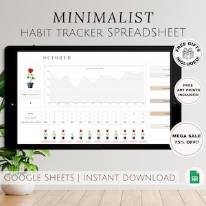 May include: A digital screen displaying a minimalist habit tracker spreadsheet for the month of October. The spreadsheet includes a progress chart and a daily habit tracker with red rose illustrations. The text "GOOGLE SHEETS | INSTANT DOWNLOAD" is displayed at the bottom of the screen.
