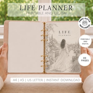 May include: A beige ring-bound life planner with 89 pages, featuring a gold metal mechanism. The cover page displays a black and white illustration of a person walking through a garden with the text LIFE PLANNER. Includes A4, A5, and US Letter sizes.