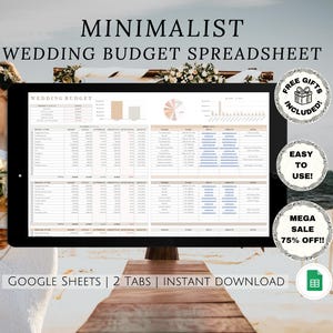 May include: A digital wedding budget spreadsheet on a laptop screen. The spreadsheet is titled "Wedding Budget" and has two tabs. The spreadsheet is designed to help couples track their wedding expenses. The image also includes text that says "Google Sheets | 2 Tabs | Instant Download".
