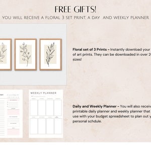 Op de afbeelding: Gratis printbare bloemendrukken en een dagelijkse en wekelijkse planner. De bloemendrukken zijn zwart-wit lijntekeningen van takken met bladeren. De planners zijn zwart-wit met een eenvoudig ontwerp.