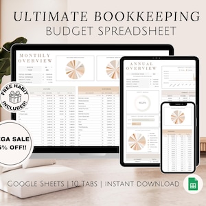 Ultieme boekhouding Google Spreadsheets Budget Spreadsheet Maandelijkse en jaarlijkse winsttracker WFH Personal Finance Small Business voor freelancer