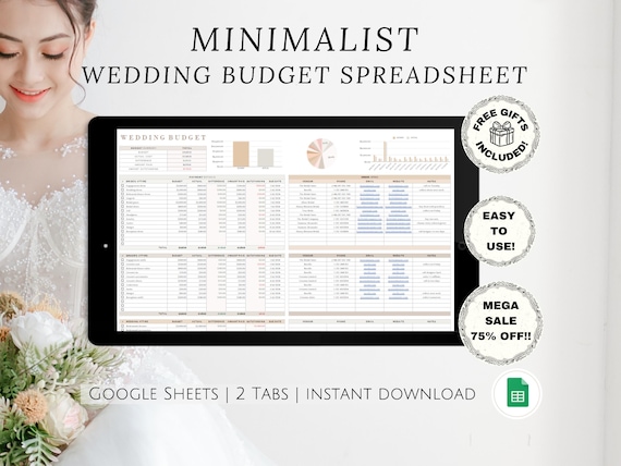 Minimalist Elegant Wedding Budget Google Sheets Spreadsheets Planner Template for Brides to Be DIY Easy Customizable Cost Budgeting Tracker