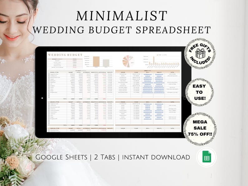 Puede incluir: Una hoja de c&aacute;lculo de presupuesto de boda minimalista en Google Sheets con dos pesta&ntilde;as. La hoja de c&aacute;lculo se muestra en la pantalla de una computadora port&aacute;til con un fondo blanco. El texto "WEDDING BUDGET" est&aacute; en la parte superior de la hoja de c&aacute;lculo. El texto "GOOGLE SHEETS | 2 TABS | INSTANT DOWNLOAD" est&aacute; en la parte inferior de la imagen.