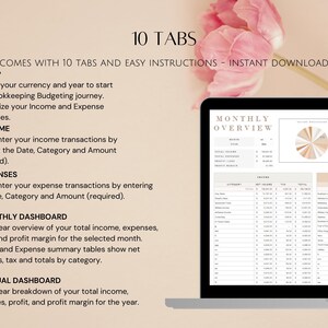 May include: A digital budgeting spreadsheet template with 10 tabs, including setup, income, expenses, monthly dashboard, and annual dashboard. The spreadsheet is displayed on a laptop screen with a pink flower in the background.