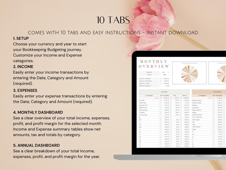 May include: A digital budgeting spreadsheet template with 10 tabs, including setup, income, expenses, monthly dashboard, and annual dashboard. The spreadsheet is displayed on a laptop screen with a pink flower in the background.