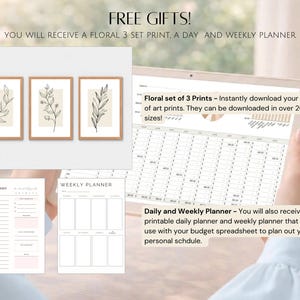 May include: The image showcases a set of three framed botanical prints with beige backgrounds and line art of leaves. The text "FREE GIFTS!" and "Floral set of 3 Prints" are visible. Also included are a daily and weekly planner.