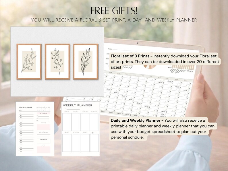 May include: The image showcases a set of three framed botanical prints with beige backgrounds and line art of leaves. The text "FREE GIFTS!" and "Floral set of 3 Prints" are visible. Also included are a daily and weekly planner.