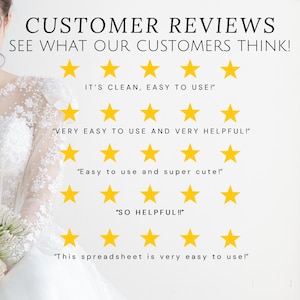 Puede incluir: Un fondo blanco con el texto "CUSTOMER REVIEWS SEE WHAT OUR CUSTOMERS THINK!" en negro. Debajo del texto hay cinco filas de cinco estrellas amarillas cada una. Debajo de cada fila de estrellas hay una rese&ntilde;a de un cliente en texto negro. Las rese&ntilde;as son: "IT'S CLEAN, EASY TO USE!" "VERY EASY TO USE AND VERY HELPFUL!" "Easy to use and super cute!" "SO HELPFUL!!" "This spreadsheet is very easy to use!"
