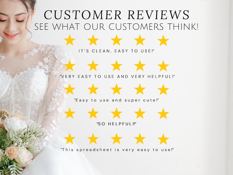 Puede incluir: Un fondo blanco con el texto "CUSTOMER REVIEWS SEE WHAT OUR CUSTOMERS THINK!" en negro. Debajo del texto hay cinco filas de cinco estrellas amarillas cada una. Debajo de cada fila de estrellas hay una rese&ntilde;a de un cliente en texto negro. Las rese&ntilde;as son: "IT'S CLEAN, EASY TO USE!" "VERY EASY TO USE AND VERY HELPFUL!" "Easy to use and super cute!" "SO HELPFUL!!" "This spreadsheet is very easy to use!"