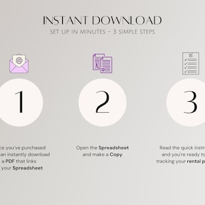 K&ouml;nnte beinhalten: Eine dreistufige Anleitung zum Einrichten einer Mietverwaltungstabelle. Die Schritte werden mit Symbolen dargestellt: eine E-Mail, eine Tabellenkalkulation und eine Checkliste. Der Text lautet "INSTANT DOWNLOAD SET UP IN MINUTES - 3 SIMPLE STEPS".