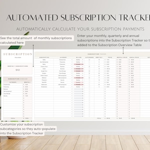 May include: A printable subscription tracker with a beige background and black text. The tracker includes sections for monthly subscriptions, subscription overview, and a section to customize subscription subcategories. The text "AUTOMATED SUBSCRIPTION TRACKER" is at the top of the page.