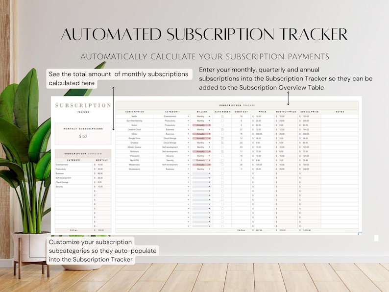 May include: A printable subscription tracker with a beige background and black text. The tracker includes sections for monthly subscriptions, subscription overview, and a section to customize subscription subcategories. The text "AUTOMATED SUBSCRIPTION TRACKER" is at the top of the page.