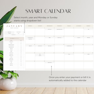 May include: A printable calendar template with the word "JANUARY" at the top. The calendar is designed to be used for tracking payments and bills. The text "SMART CALENDAR" is at the top of the page. The text "Select month, year and Monday or Sunday starts using dropdown list!" is below the calendar title. The text "Once you enter your payment or bill it is automatically added to the calendar" is at the bottom of the page.