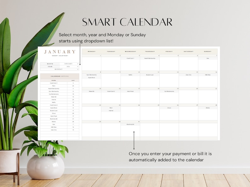 May include: A printable calendar template with the word "JANUARY" at the top. The calendar is designed to be used for tracking payments and bills. The text "SMART CALENDAR" is at the top of the page. The text "Select month, year and Monday or Sunday starts using dropdown list!" is below the calendar title. The text "Once you enter your payment or bill it is automatically added to the calendar" is at the bottom of the page.