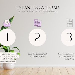 May include: A white background with three steps to download a spreadsheet. Step 1: Purchase and download a PDF. Step 2: Open the spreadsheet and make a copy. Step 3: Read the quick instructions and start budgeting.