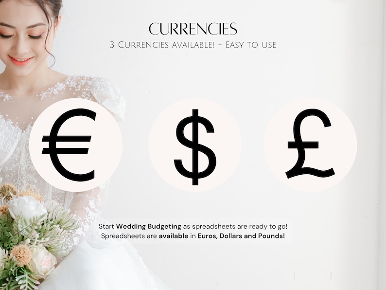 Puede incluir: Un fondo blanco con el texto "CURRENCIES" y "3 CURRENCIES AVAILABLE! - EASY TO USE".  Debajo del texto hay tres c&iacute;rculos blancos con s&iacute;mbolos de moneda negros: Euro, D&oacute;lar y Libra. El texto debajo de los c&iacute;rculos dice "Start Wedding Budgeting as spreadsheets are ready to go! Spreadsheets are available in Euros, Dollars and Pounds!"
