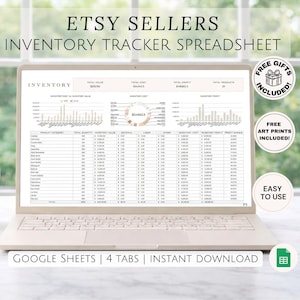 May include: A laptop displaying an inventory tracker spreadsheet for Etsy sellers. The screen shows data tables and graphs. Text on the screen reads "ETSY SELLERS INVENTORY TRACKER SPREADSHEET". Additional text includes "FREE GIFTS INCLUDED!" and "FREE ART PRINTS INCLUDED!"