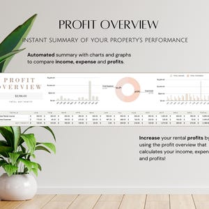 K&ouml;nnte beinhalten: Ein wei&szlig;es und beigefarbenes Diagramm mit dem Titel "Profit Overview" und dem Text "Instant Summary of Your Property's Performance". Das Diagramm zeigt eine Zusammenfassung der Einnahmen, Ausgaben und Gewinne f&uuml;r eine Immobilie.
