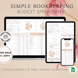 May include: A digital product listing for a Google Sheets budget spreadsheet. The image shows a screenshot of the spreadsheet with 10 tabs, including a monthly overview, annual overview, and habit tracker. The text "FREE HABIT INCLUDED" and "MEGA SALE 75% OFF!!" is displayed on the image. The text "GOOGLE SHEETS | 10 TABS | INSTANT DOWNLOAD" is displayed at the bottom of the image.