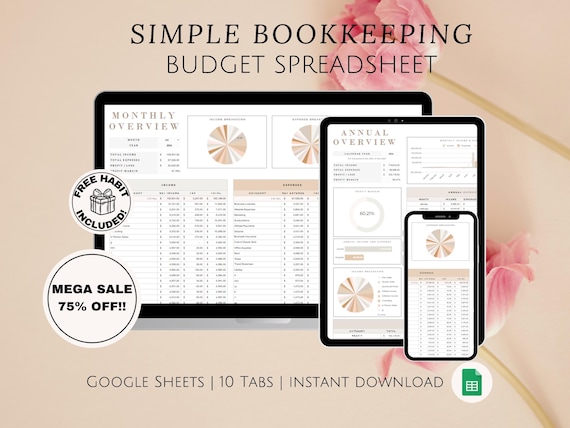 Easy Bookkeeping Google Sheets Budget Spreadsheet Monthly Annual Planner Income Expense Tracker for Entrepreneurs Small Business Owners WFH