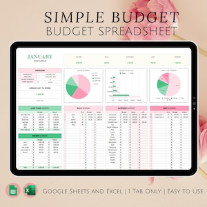 May include: A digital budget spreadsheet template for Google Sheets and Excel. The spreadsheet is designed to help users track their income, expenses, bills, and debt. The template includes charts and graphs to visualise spending patterns. The spreadsheet is labelled "January" and is easy to use.