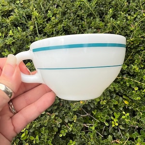 Vintage PYREX Coffee/Tea Cup Teal Stripe EUC Made in USA